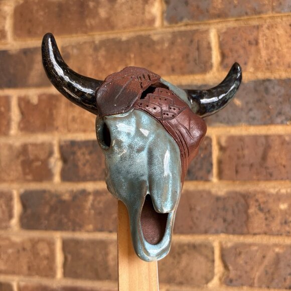 Glazed enamel pottery bull skull with mounting bolt Turquoise/Aqua Terracotta 5” - Picture 14 of 16